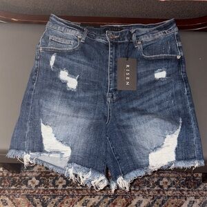 Risen Women's Frayed Hem Denim Shorts - Dark Blue